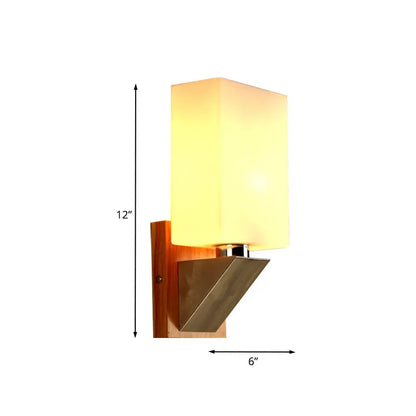Decorbites White Glass Wall Lamp with wood backplate and metal triangular mount on Tampa Home & Garden Store