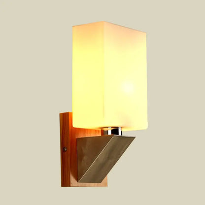 White Glass Wall Lamp by Decorbites with wooden backplate and metal angled shade on Tampa Home & Garden Store