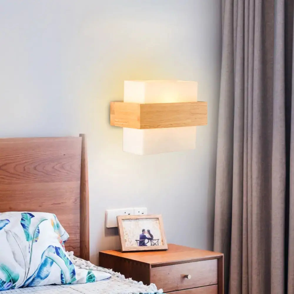 Decorbites White Glass Wood Sconce wall mounted with natural wood crossbar on Tampa Home & Garden Store