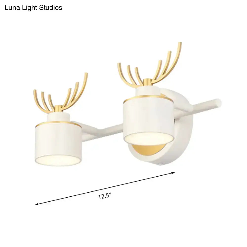 2-light modern white and gold antler wall light fixture with LED vanity lights, white shades on Tampa Home & Garden Store