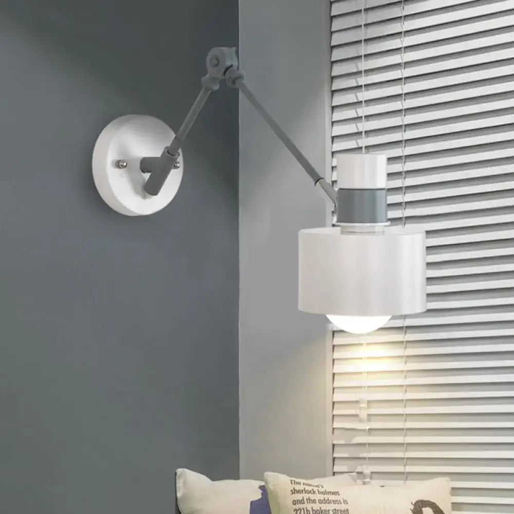 Gray adjustable wall sconce with white cylindrical shade and articulated arm Decorbites on Tampa Home & Garden Store