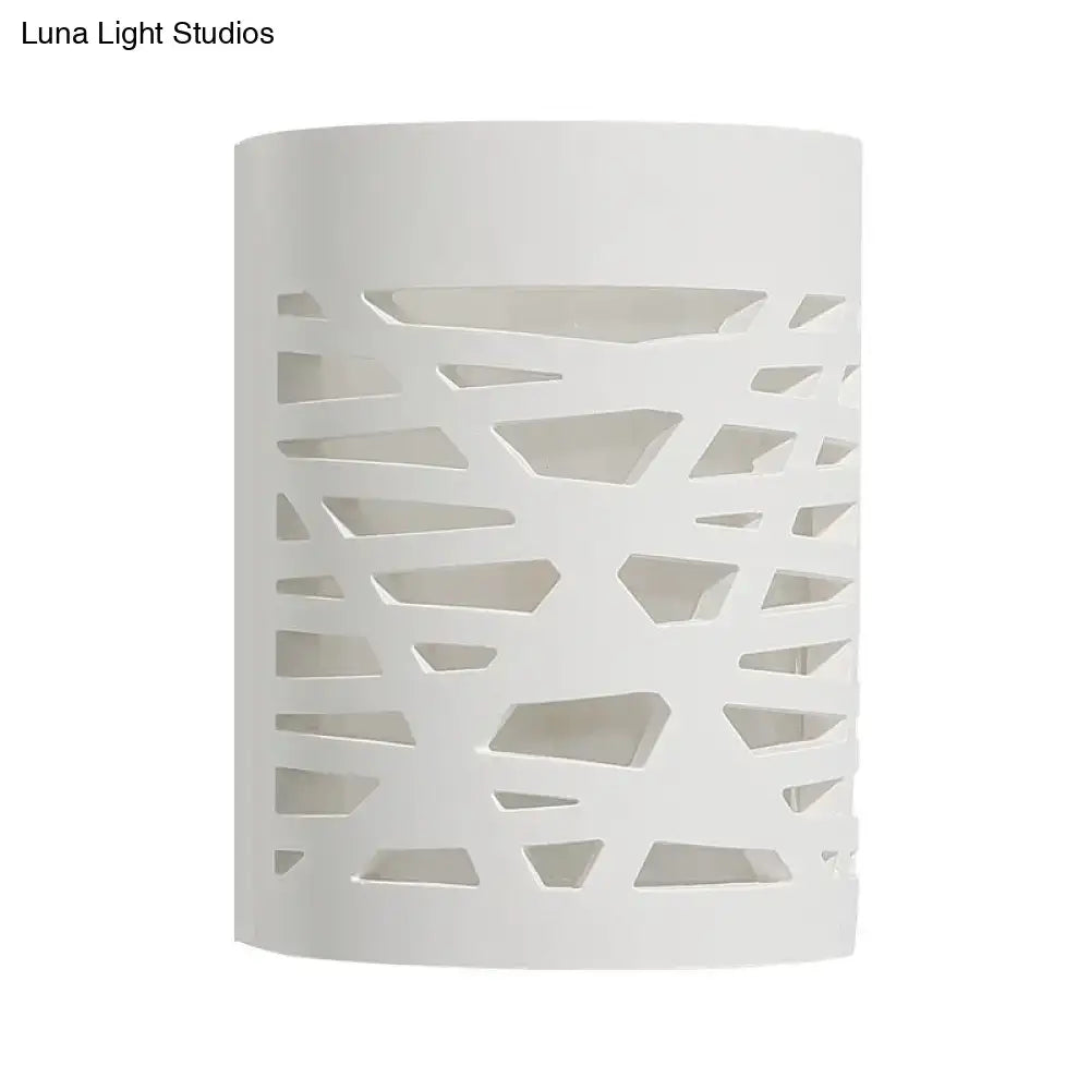 White Hollow Gypsum Hallway Sconce, white cylindrical wall light with geometric cutout pattern on Tampa Home & Garden Store