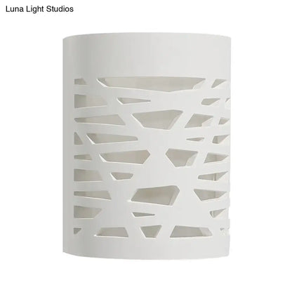 White Hollow Gypsum Hallway Sconce, white cylindrical wall light with geometric cutout pattern on Tampa Home & Garden Store