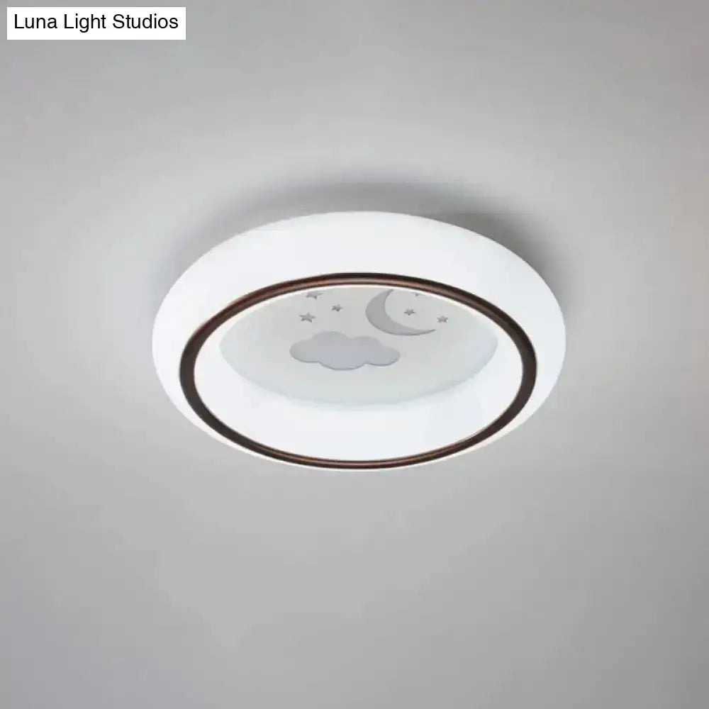 White balloon ceiling light, flush mount with frosted glass moon and cloud motif, copper ring on Tampa Home & Garden Store