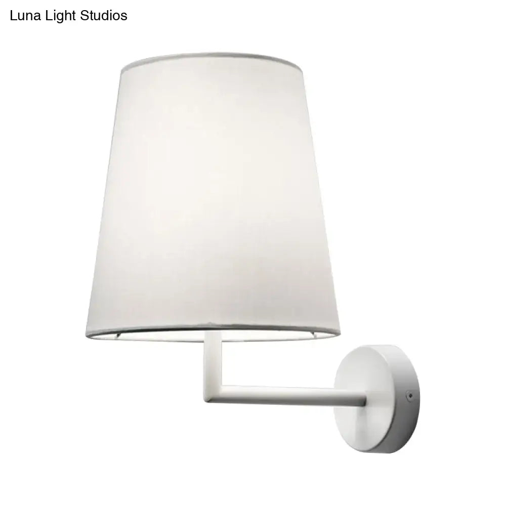 White fabric cone LED wall sconce with round wall mount and short arm Decorbites on Tampa Home & Garden Store