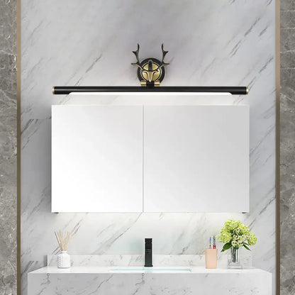 Black Metal Straight Shade Vanity Light by Decorbites with gold end caps above marble vanity on Tampa Home & Garden Store