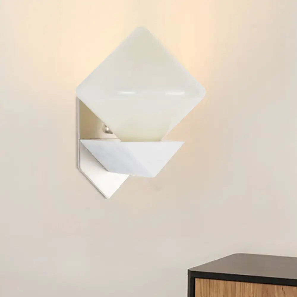 White Triangle Wall Mount Lighting Marble Wall Sconce with Diamond Opal Glass Shade - Designer 1 Bulb