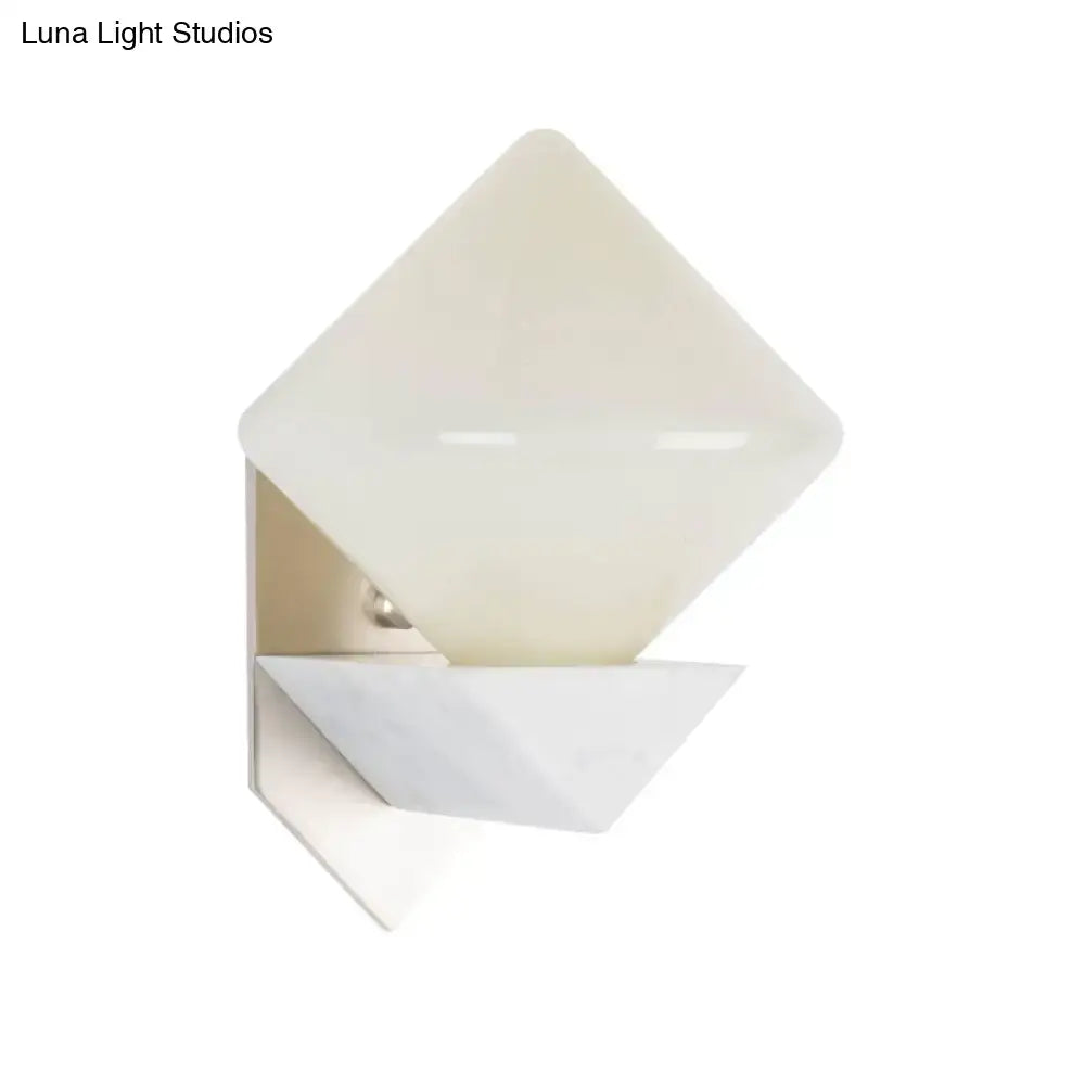 White Triangle Wall Mount Lighting Marble Wall Sconce with Diamond Opal Glass Shade - Designer 1 Bulb
