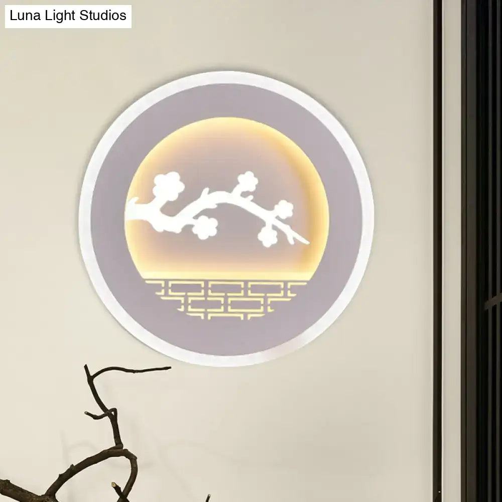 White Sailboat Wall Sconce round backlit light with blossom motif on pale purple frame on Tampa Home & Garden Store
