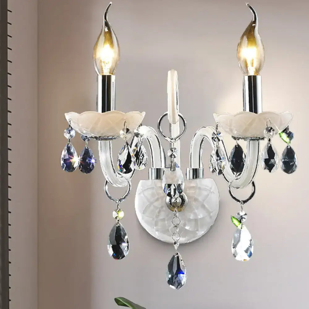 White Crystal Wall Light sconce by Decorbites with dual candle bulbs and crystal teardrop drops on Tampa Home & Garden Store