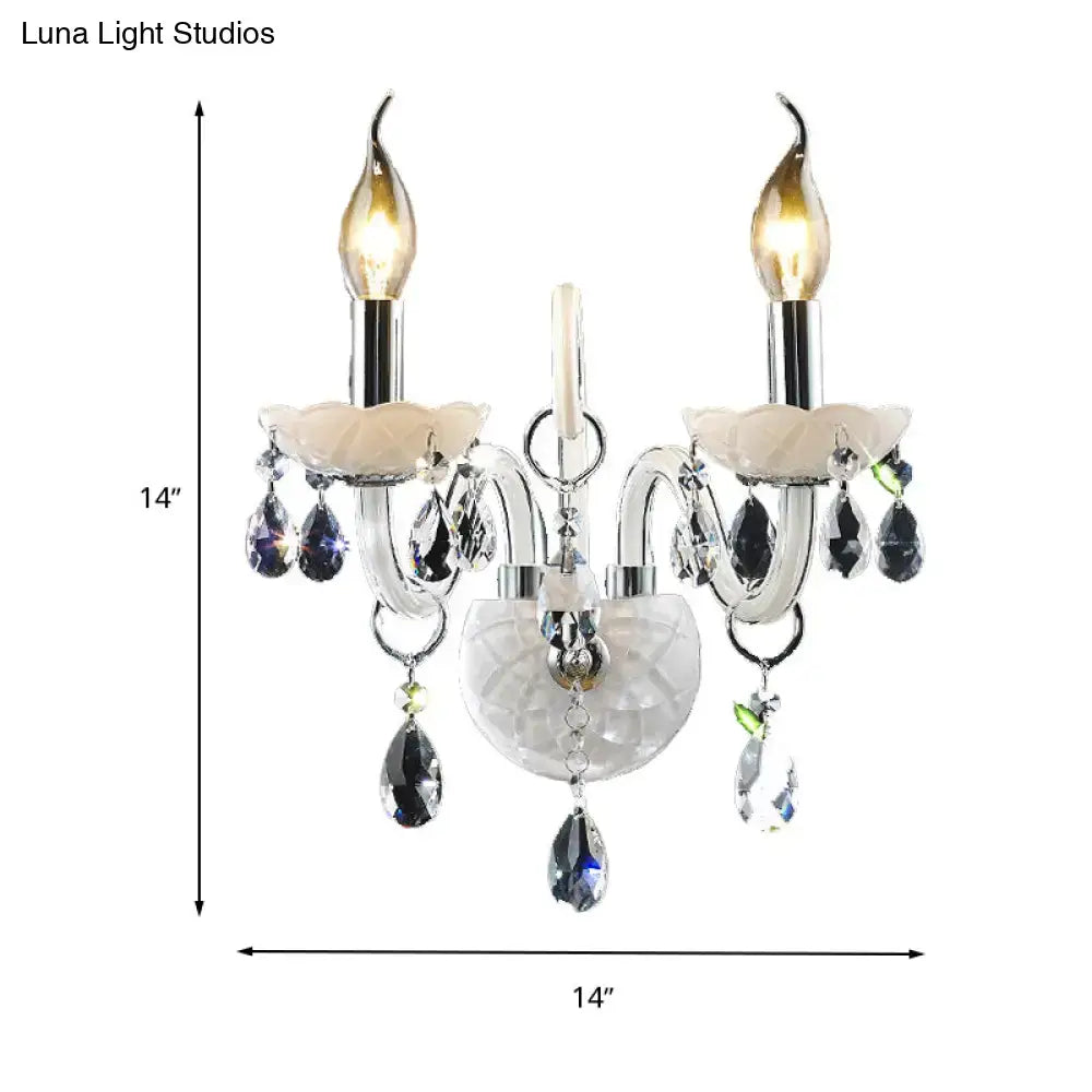 Decorbites White Crystal Wall Light sconce with two candle bulbs and hanging prisms, 14in wide on Tampa Home & Garden Store