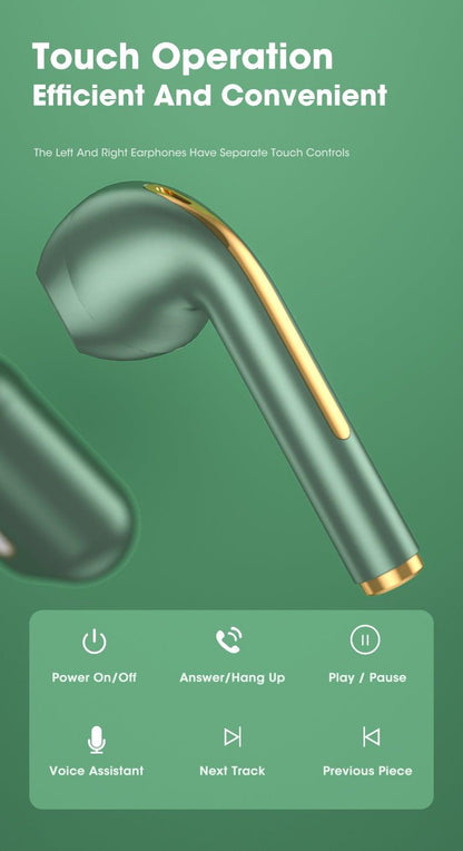 Stevvex in-ear wireless earbuds with green body and gold strip, waterproof Bluetooth 5.0 on Tampa Home & Garden Store