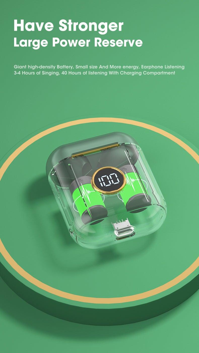 Wireless in-ear headphones with a clear charging case and a digital display on Tampa Home & Garden Store