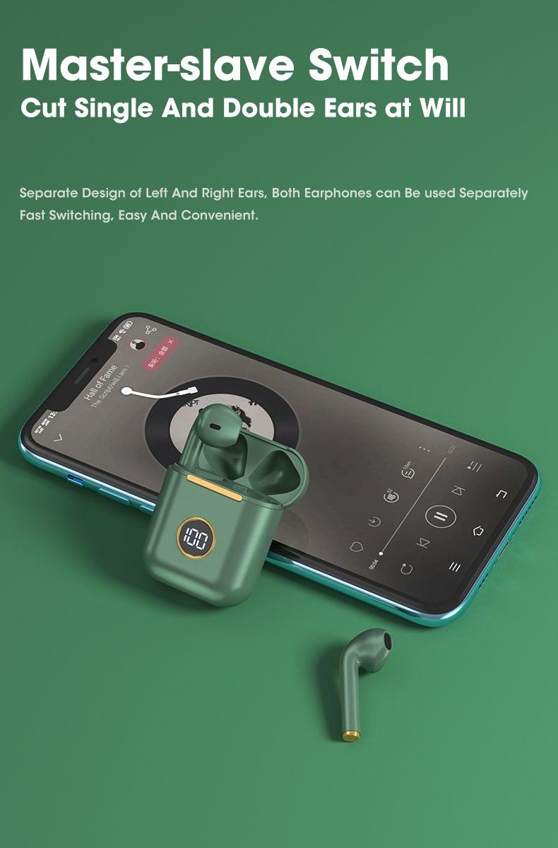 Green wireless Bluetooth earbuds with charging case beside a phone on green background on Tampa Home & Garden Store