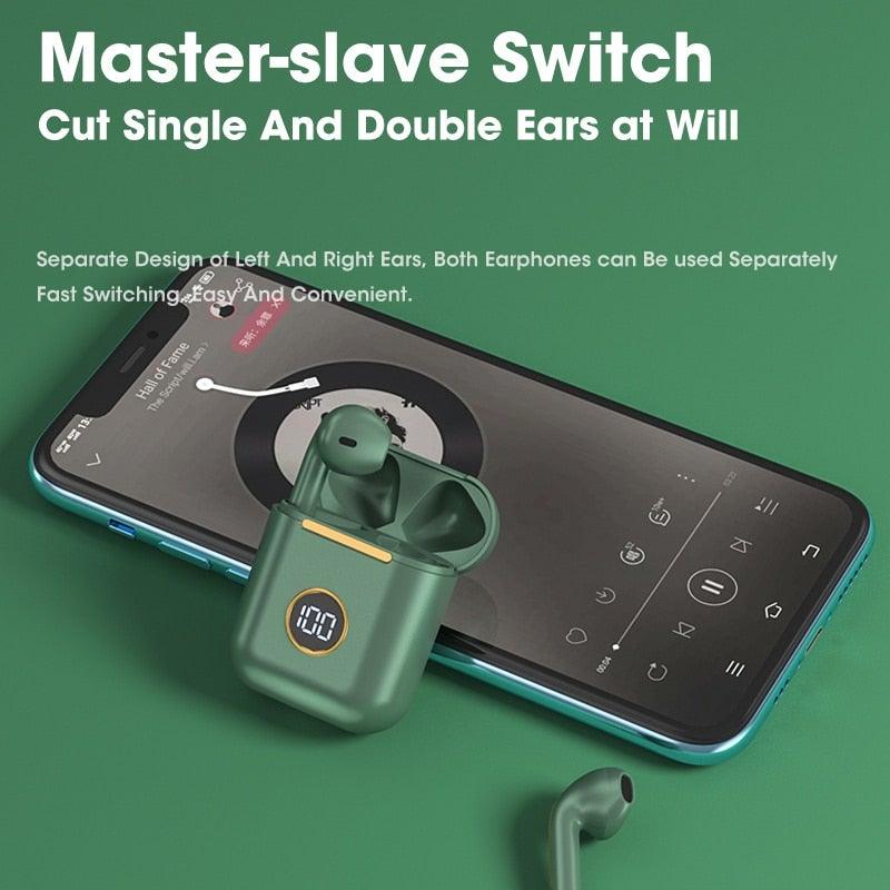 Green Stevvex in-ear wireless earbuds with charging case and digital display on Tampa Home & Garden Store