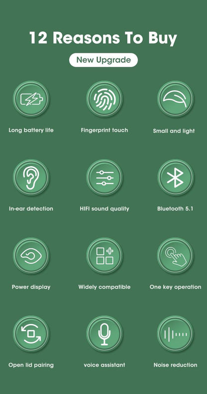 Stevvex In-Ear Headphones white product graphic highlighting 12 features on green background on Tampa Home & Garden Store