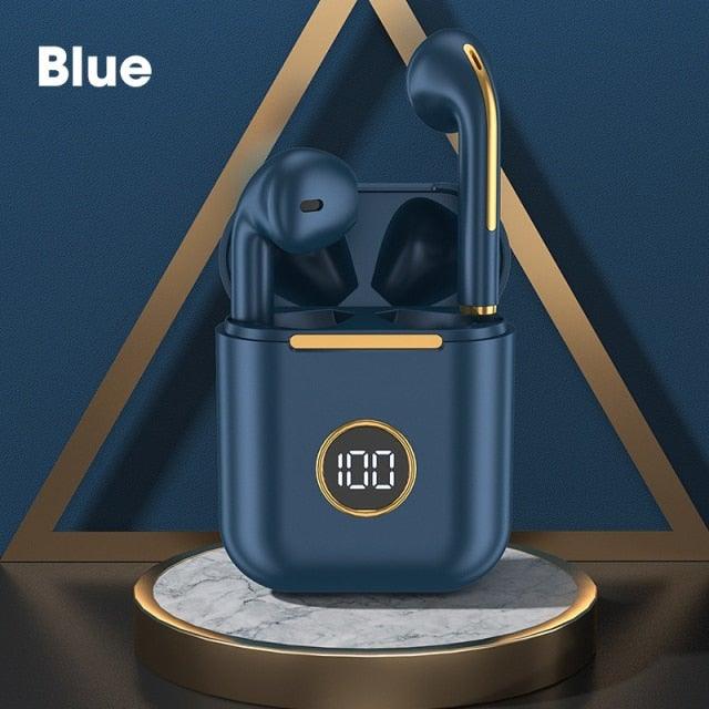 Stevvex blue wireless in-ear headphones with charging case and LED display on Tampa Home & Garden Store