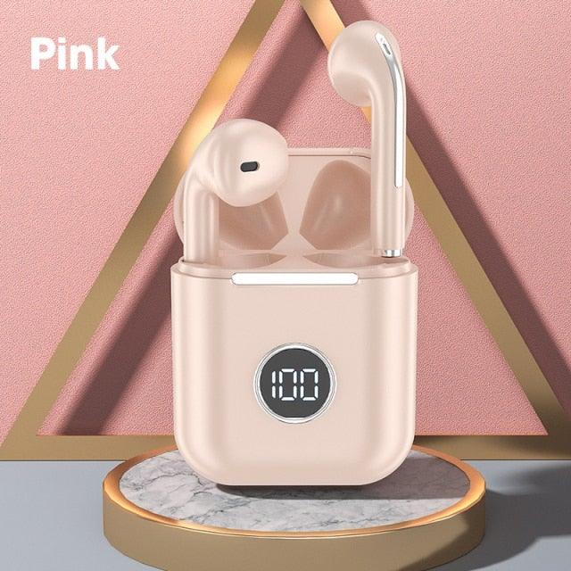 Stevvex pink in-ear wireless headphones with charging case and digital display on Tampa Home & Garden Store