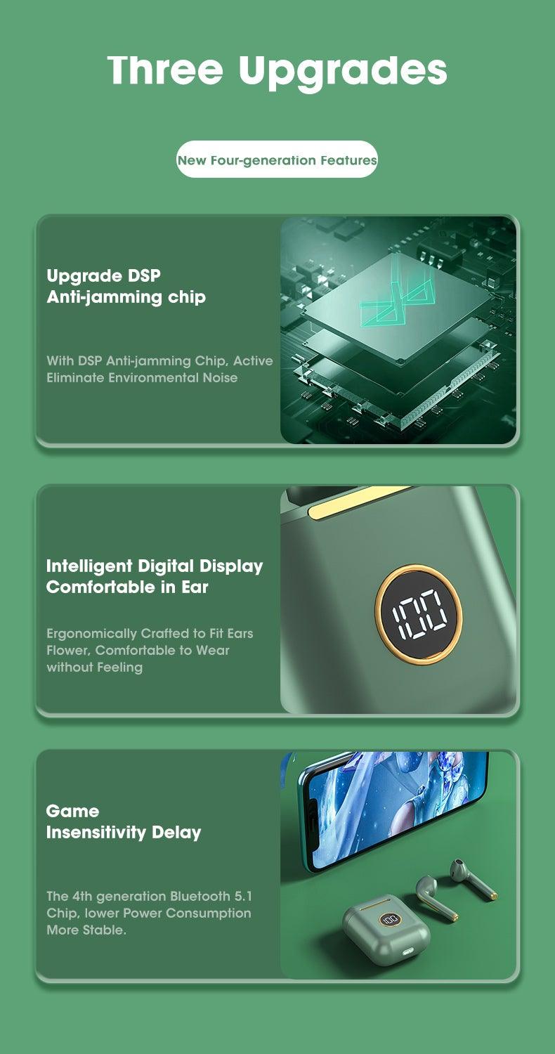 Stevvex wireless in-ear headphones infographic with three upgrade panels on green background on Tampa Home & Garden Store