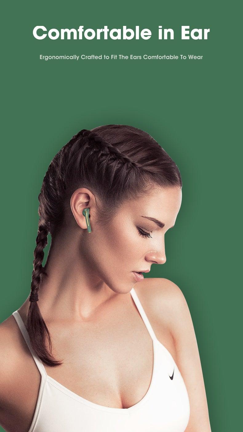 Stevvex in-ear wireless headphones with green earbud on woman in white top against green on Tampa Home & Garden Store