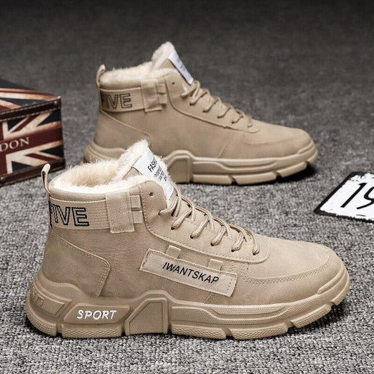 Stevvex tan winter boots high-top lace-up with faux fur lining and rugged non-slip outdoor sole on Tampa Home & Garden Store