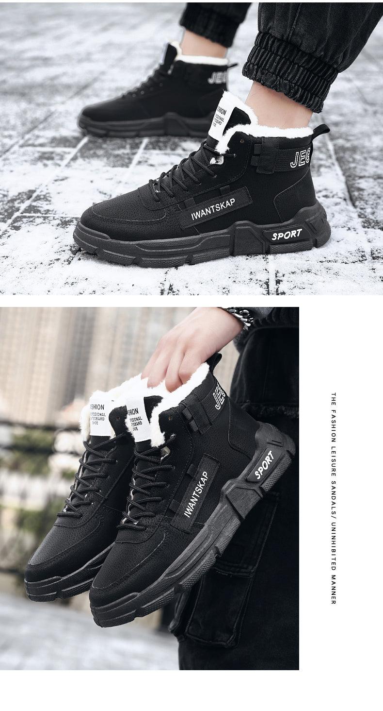Stevvex men's black winter boots with white faux fur lining, high-top lace-up, non-slip sole on Tampa Home & Garden Store
