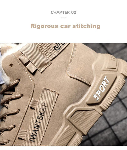 Stevvex men's tan winter boots, high-top lace-up with non-slip sole and SPORT badge on heel on Tampa Home & Garden Store