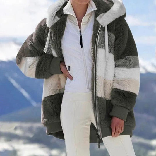 Stevvex multicolor faux fur hooded jacket with color-block stripes, zip front pockets on Tampa Home & Garden Store