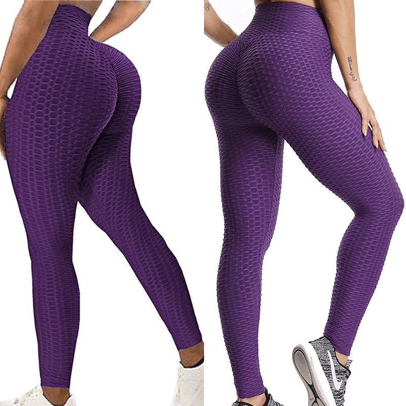 Purple high-waist textured leggings with honeycomb pattern, two pairs shown for yoga on Tampa Home & Garden Store
