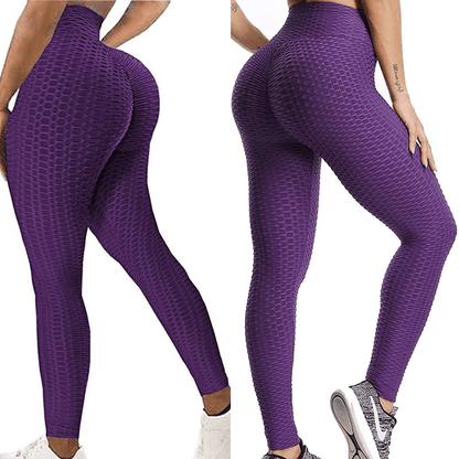 Purple high-waist textured leggings with honeycomb pattern, two pairs shown for yoga on Tampa Home & Garden Store