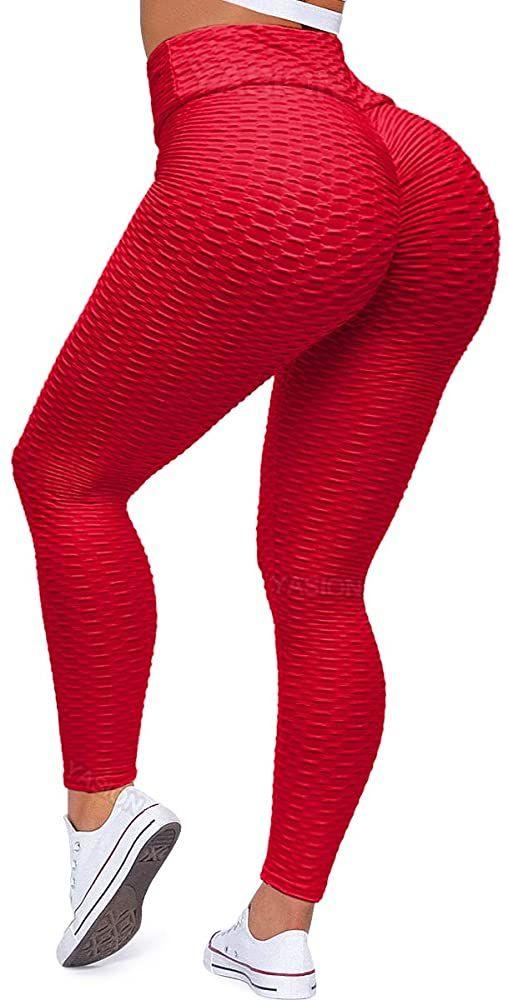 Seamless yoga leggings red high-waist Stevvex textured fabric on Tampa Home & Garden Store