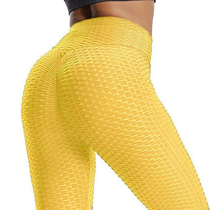 Stevvex yellow honeycomb-textured high-waist yoga leggings for women, seamless workout pants on Tampa Home & Garden Store