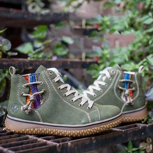 Stevvex olive green winter ankle boots pair with white laces and knit trim plush lining on Tampa Home & Garden Store