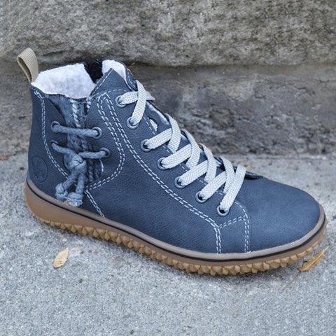 Stevvex blue high-top winter boots for women with plush lining and white laces tan outsole on Tampa Home & Garden Store