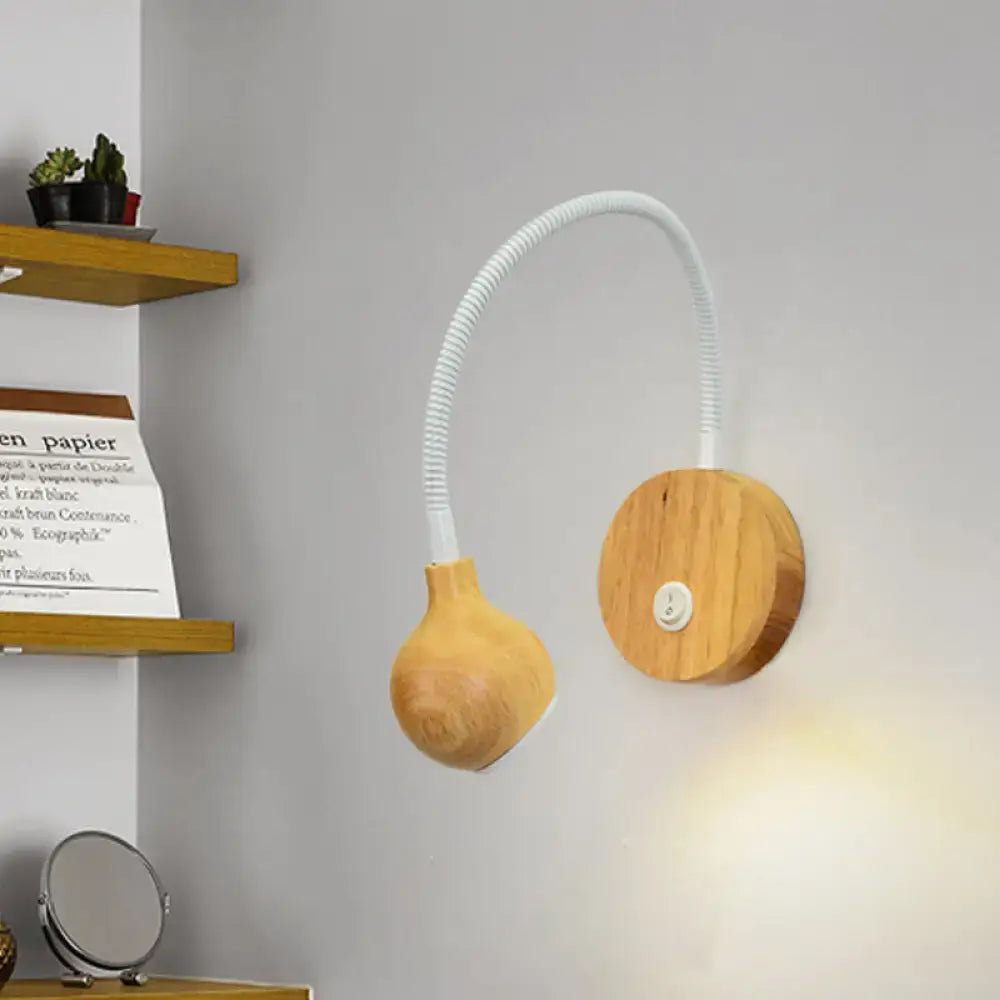 White wood reading nook sconce with gooseneck and round wooden backplate Decorbites wall light on Tampa Home & Garden Store