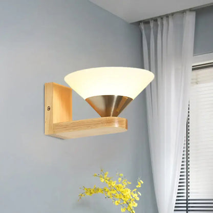 Glass Brass Wall Lamp mounted on a light wood bracket with frosted glass shade Decorbites on Tampa Home & Garden Store