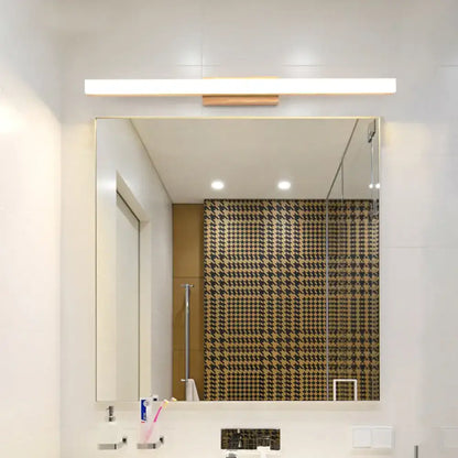 Beige wood vanity light fixture over bathroom mirror, Decorbites brand, white LED bar on Tampa Home & Garden Store