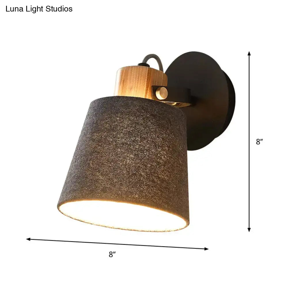 Gray fabric shade wall lamp with wood accent and black metal mount 8 inch sconce on Tampa Home & Garden Store