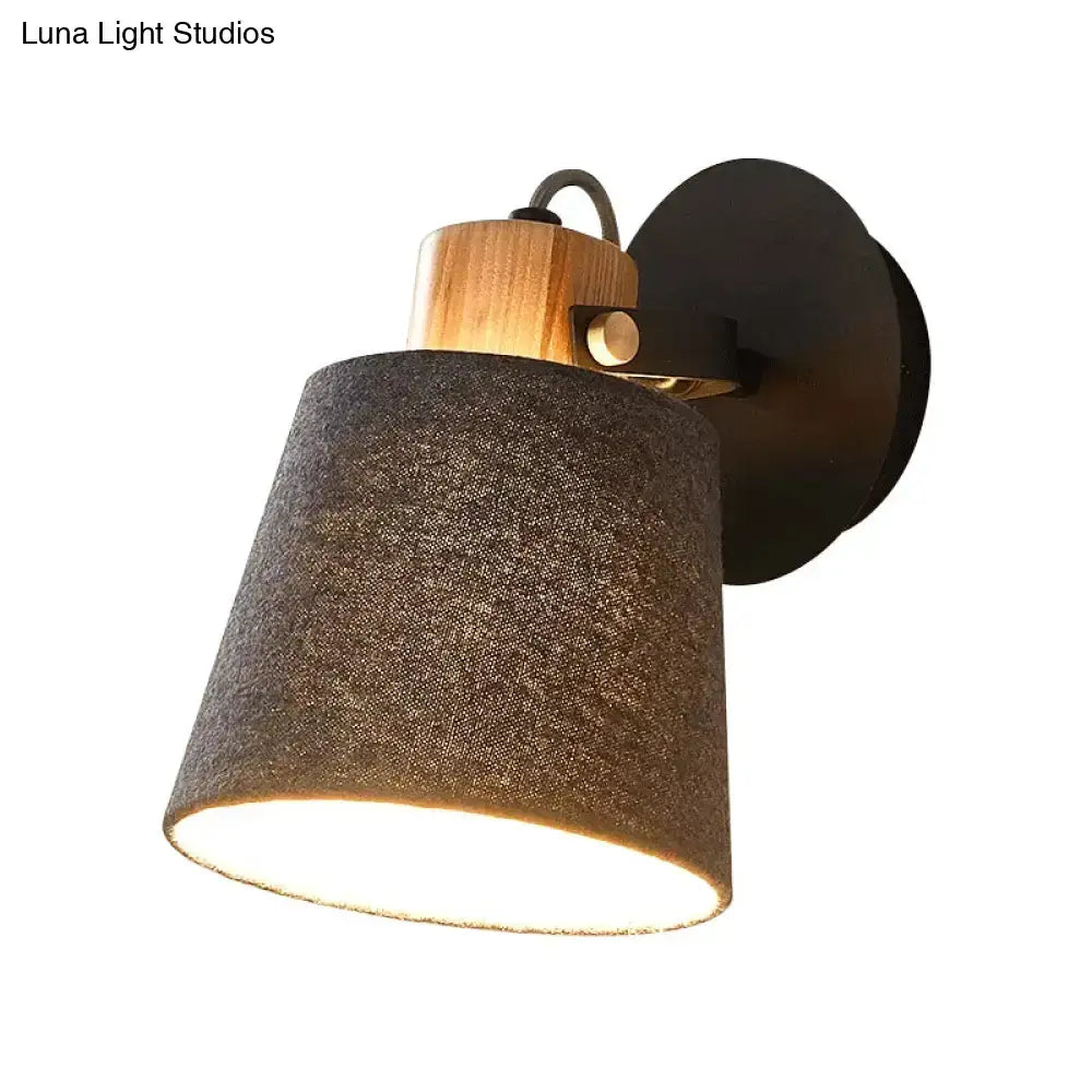 Gray Fabric Wood Accent Wall Lamp by Decorbites, gray shade with wood accent, black mount on Tampa Home & Garden Store