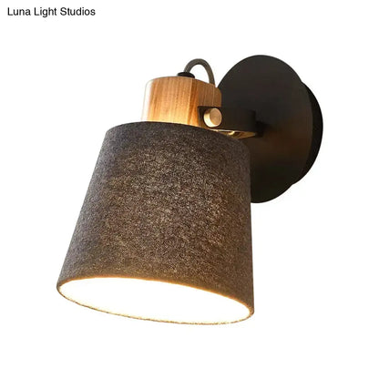 Gray Fabric Wood Accent Wall Lamp by Decorbites, gray shade with wood accent, black mount on Tampa Home & Garden Store