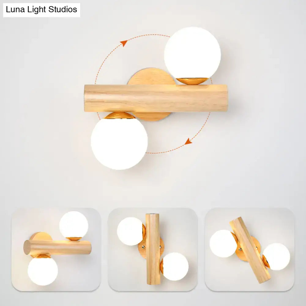White Glass Ball Sconce with natural wood bar and dual globes by Decorbites on Tampa Home & Garden Store