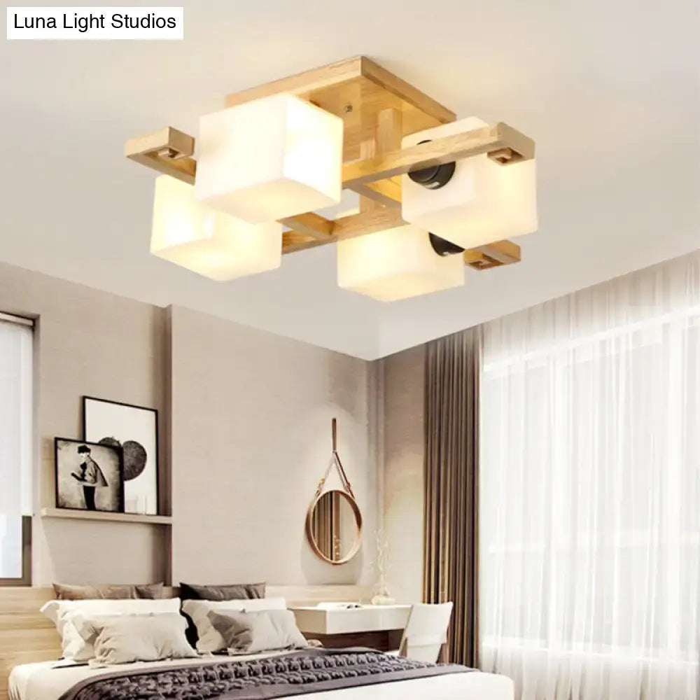 Wood Glass Ceiling Light flush mount with natural wood frame and frosted cube shades Decorbites on Tampa Home & Garden Store