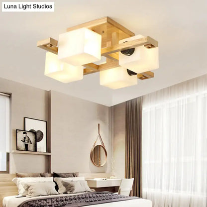 Wood Glass Ceiling Light flush mount with natural wood frame and frosted cube shades Decorbites on Tampa Home & Garden Store