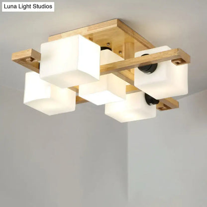 Wood Glass Ceiling Light flush mount with white glass cubes and wood frame Decorbites on Tampa Home & Garden Store