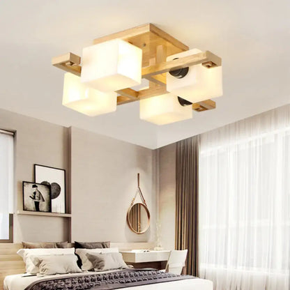 Wood Glass Ceiling Light flush mount with wooden frame and frosted glass cube shades on Tampa Home & Garden Store