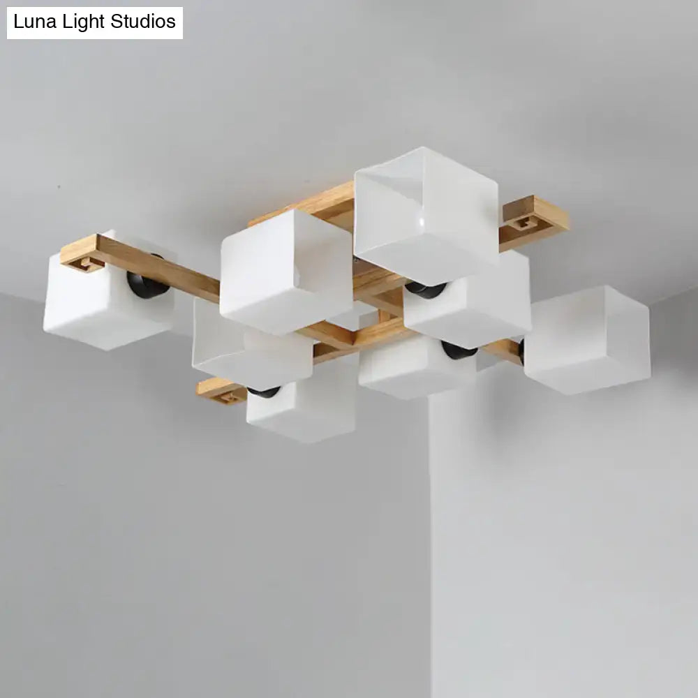 Wood Glass Ceiling Light flush mount with natural wood frame and white glass cube shades on Tampa Home & Garden Store
