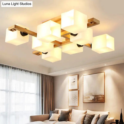 Wood Glass Ceiling Light flush-mount fixture with wood frame and frosted glass cube shades on Tampa Home & Garden Store
