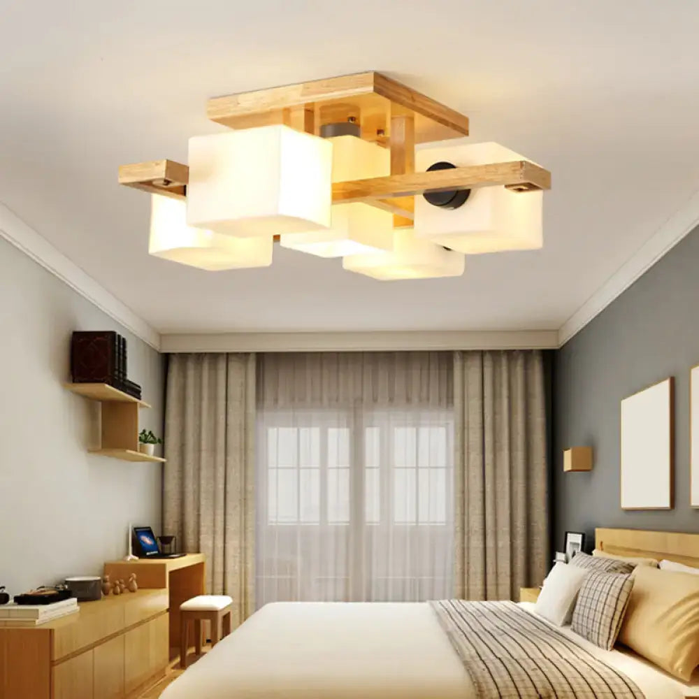 Wood Glass Ceiling Light flush mount with wooden frame and frosted glass cube shades Decorbites on Tampa Home & Garden Store
