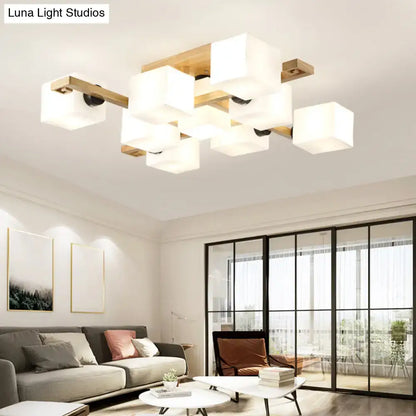 Wood Glass Ceiling Light flush mount with white cube glass shades and wood arms Decorbites on Tampa Home & Garden Store