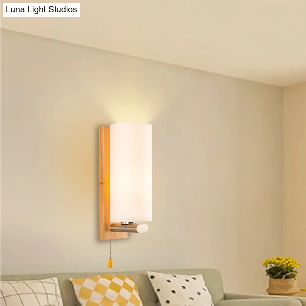 White Glass Wall Sconce - Cylindrical Bedside Light with Pull Chain